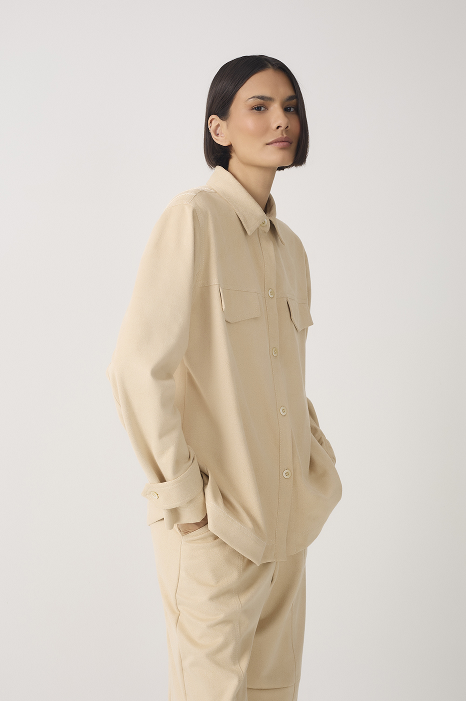 Beige Embroidered Collared Suede Shirt_2