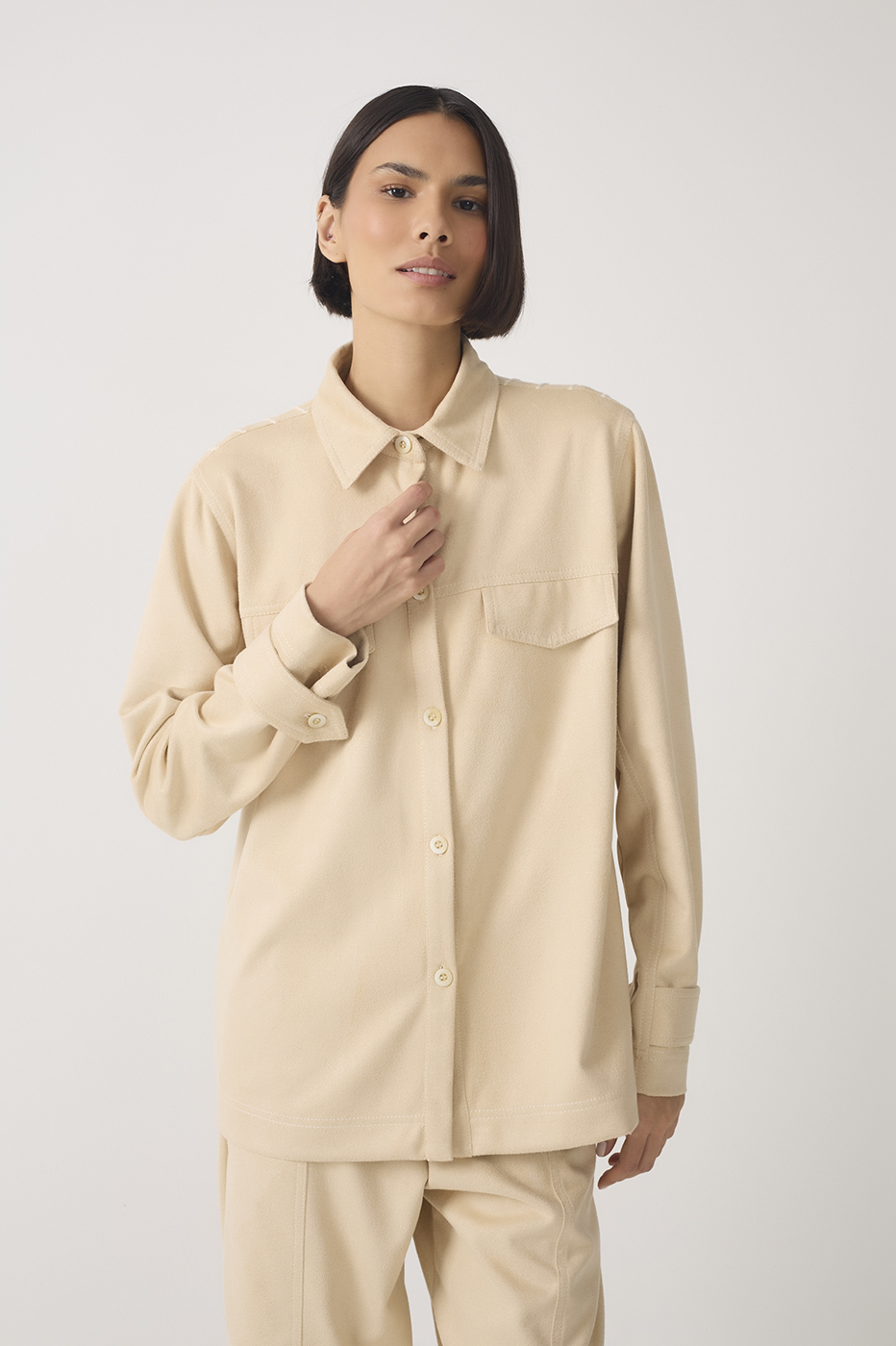 Beige Embroidered Collared Suede Shirt_3