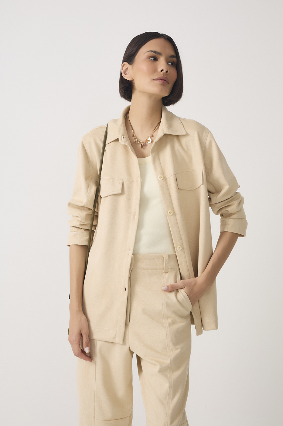 Beige Embroidered Collared Suede Shirt_4