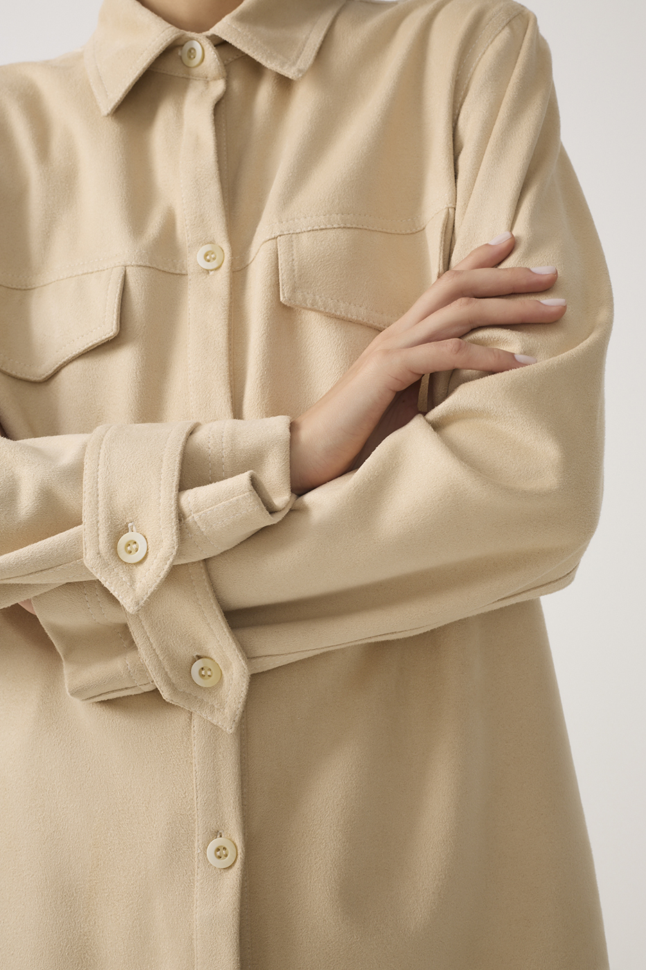 Beige Embroidered Collared Suede Shirt_5