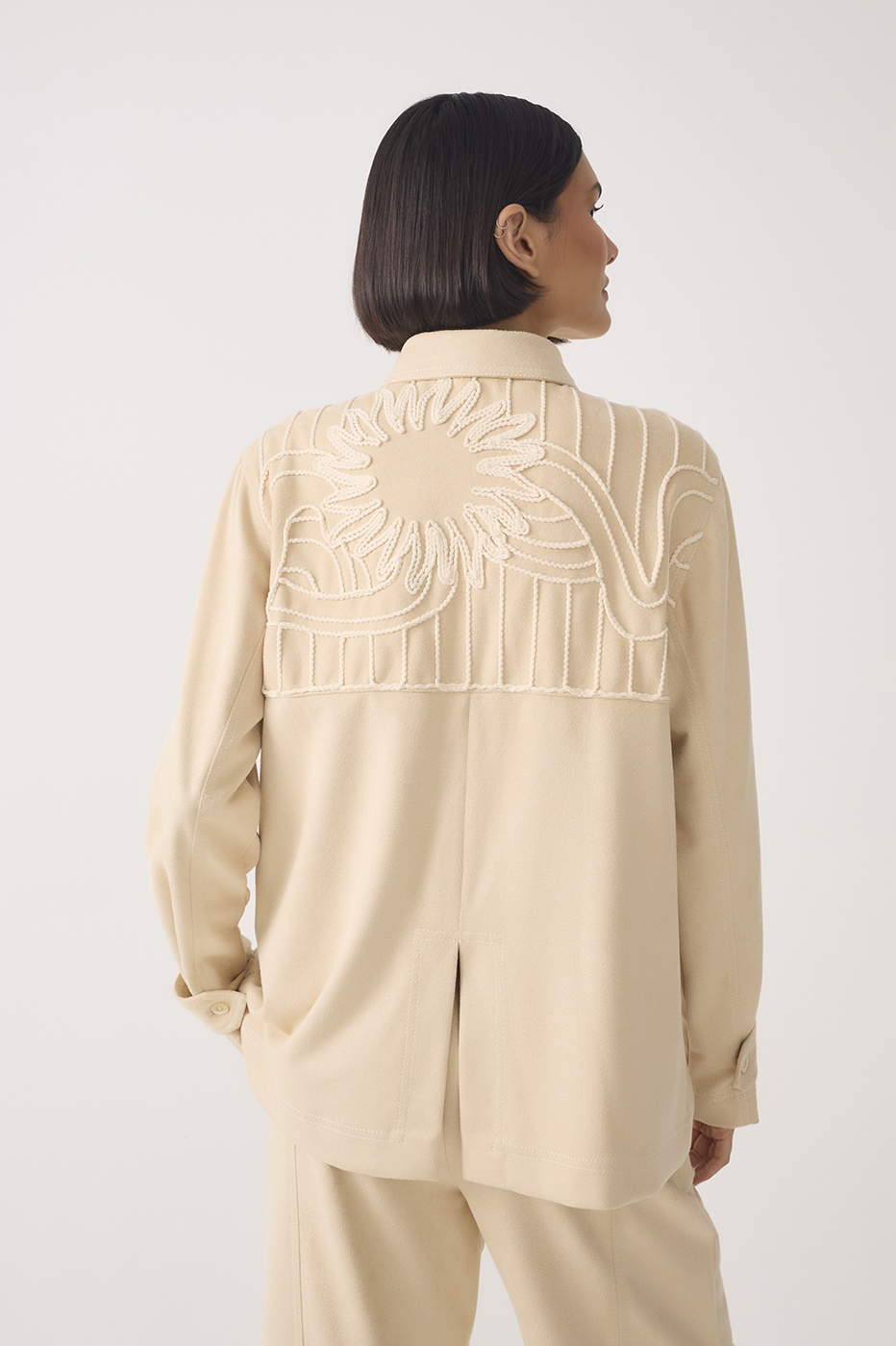 Beige Embroidered Collared Suede Shirt_6