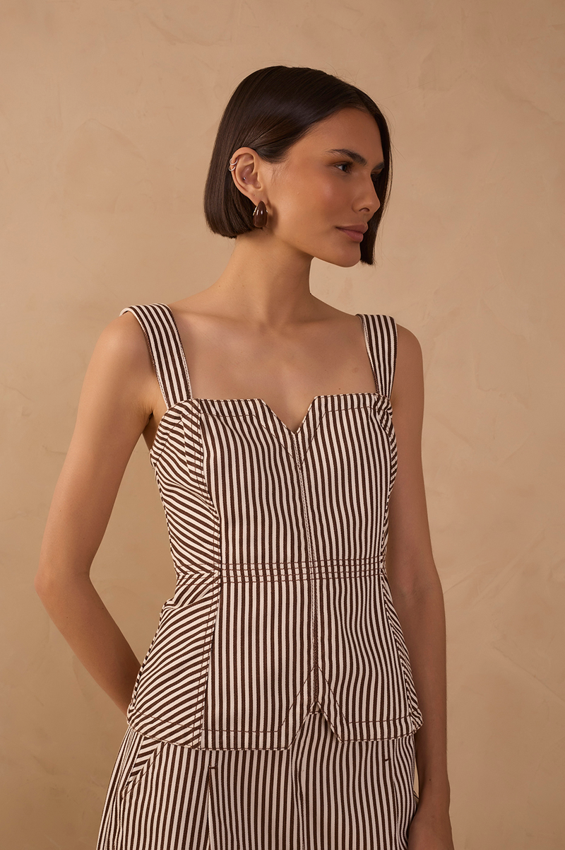 Brown Stripes Removable Straps Twill Top_1