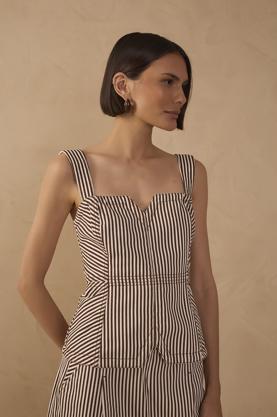 Brown Stripes Removable Straps Twill Top_1