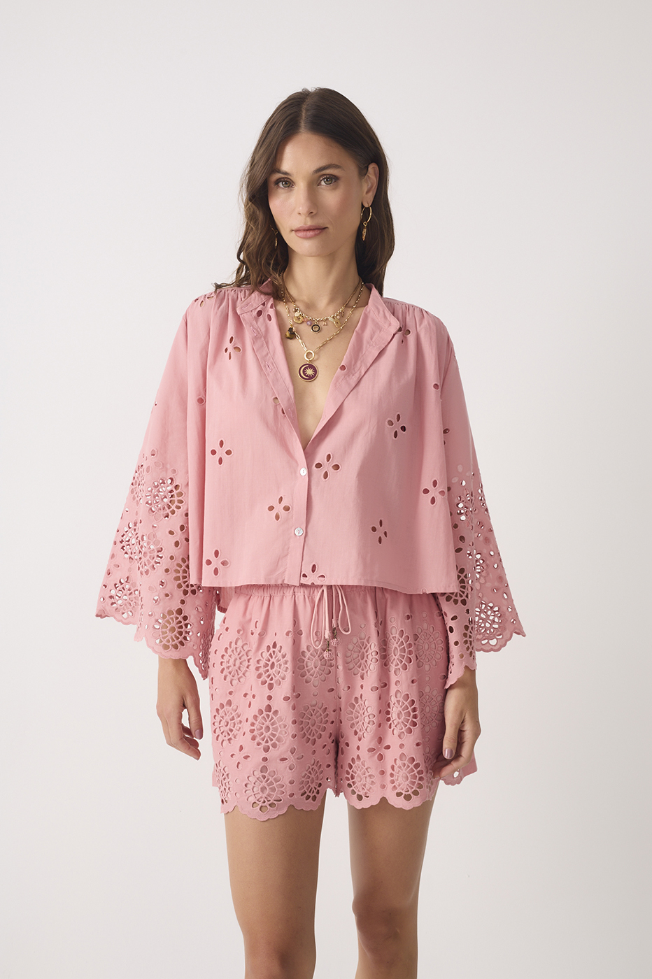 Embroidered Kimono Sleeve Buttoned Blouse_2