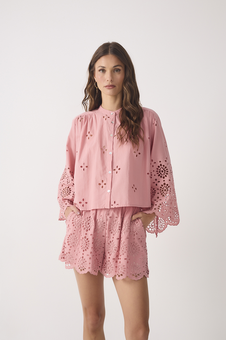 Embroidered Kimono Sleeve Buttoned Blouse_3