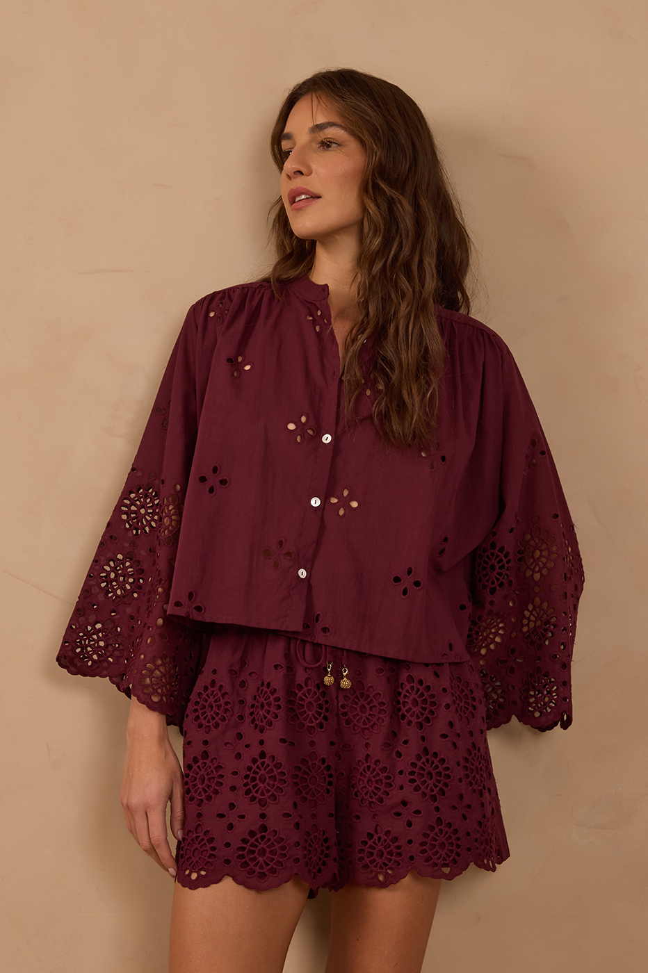 Embroidered Kimono Sleeve Buttoned Blouse_1