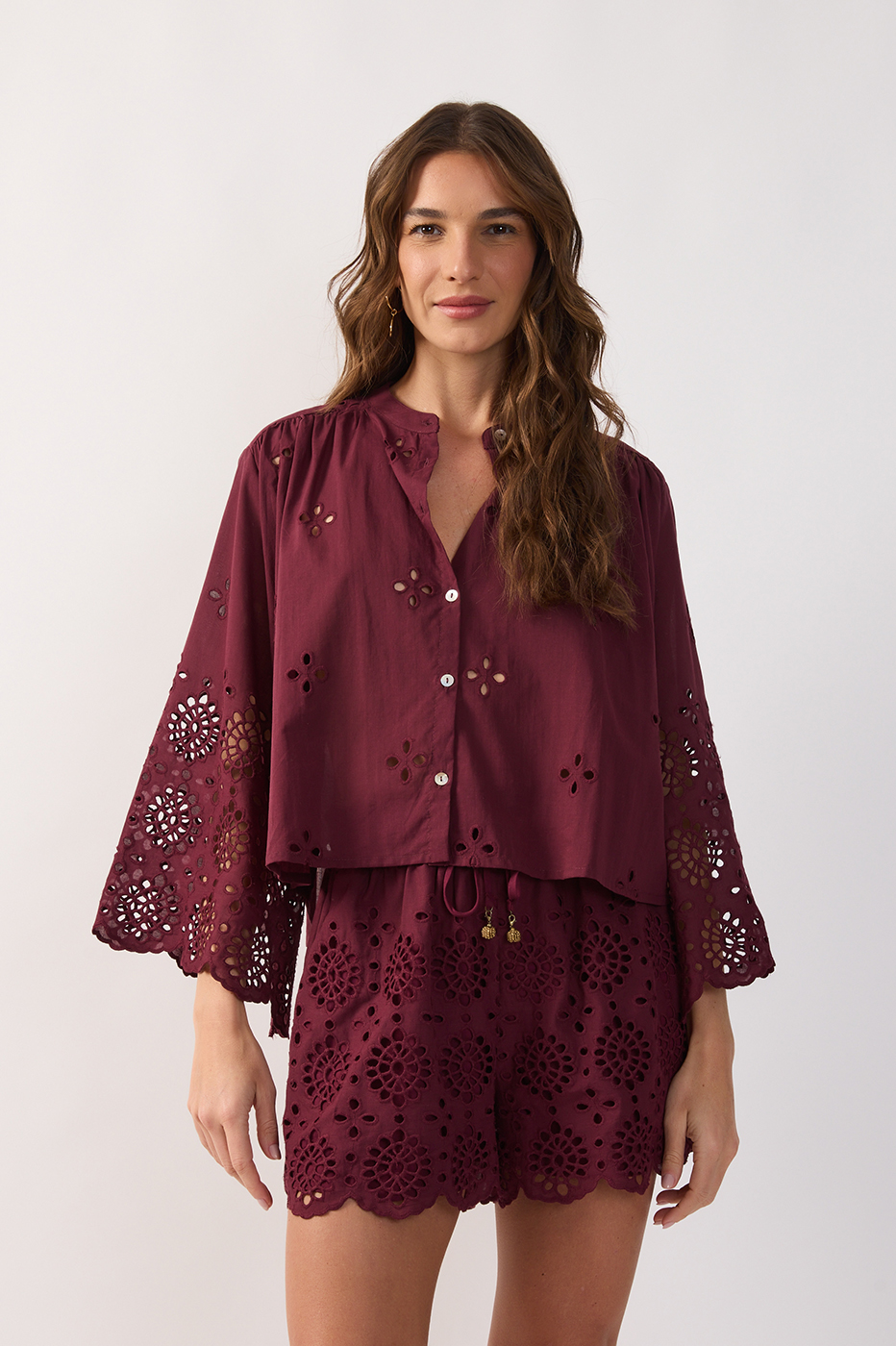 Embroidered Kimono Sleeve Buttoned Blouse_2