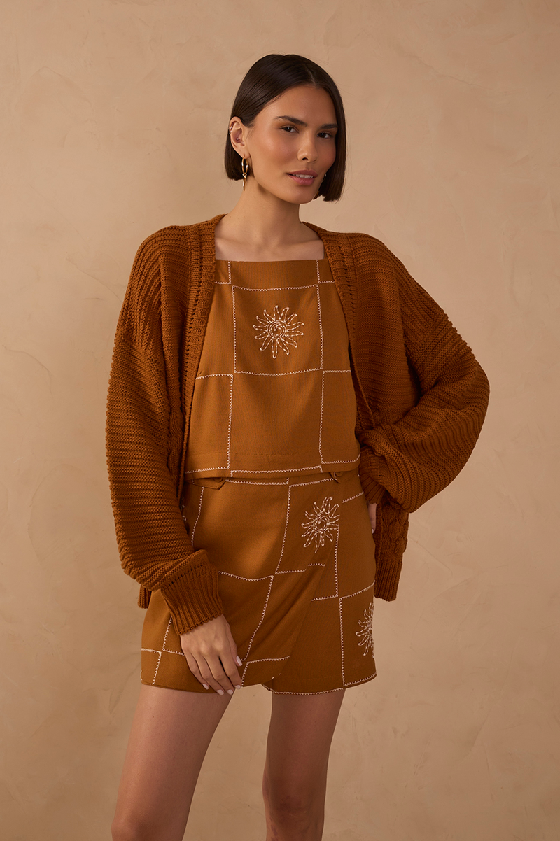 Brown Embroidered Plaid Linen Blouse_1