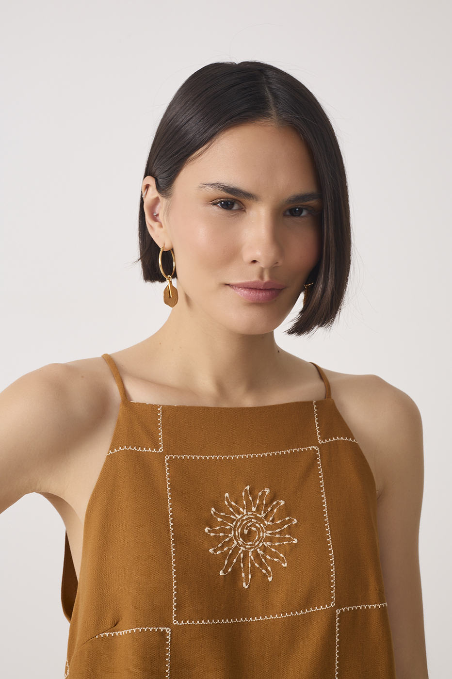 Brown Embroidered Plaid Linen Blouse_4