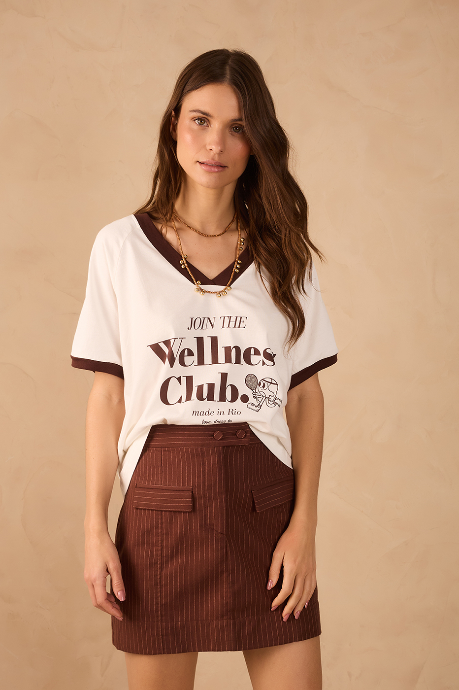 Off-White And Brown V Neck Short Sleeve Graphic T-Shirt