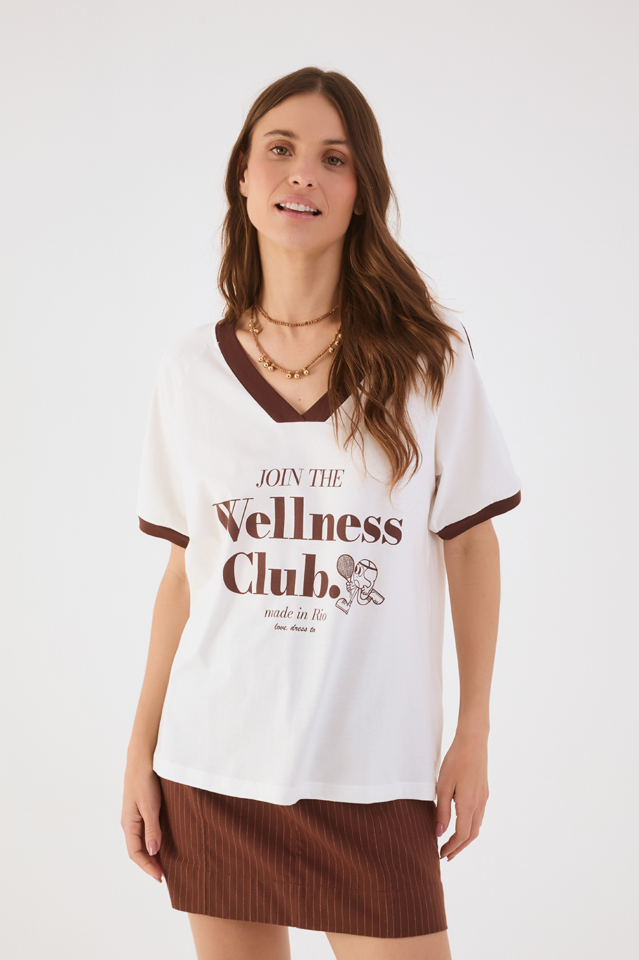 Off-White And Brown V Neck Short Sleeve Graphic T-Shirt