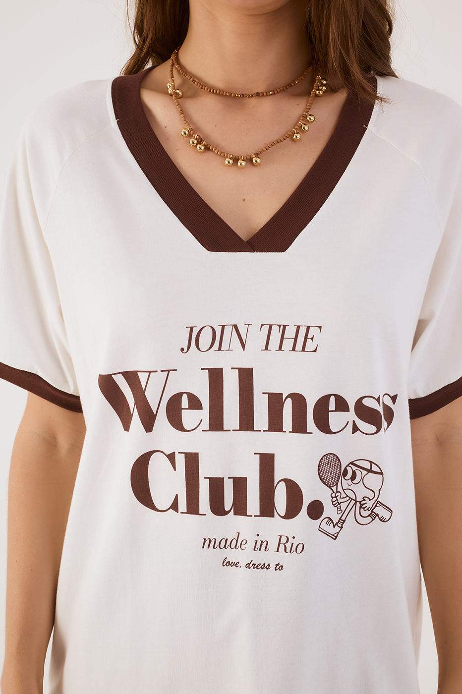 Off-White And Brown V Neck Short Sleeve Graphic T-Shirt