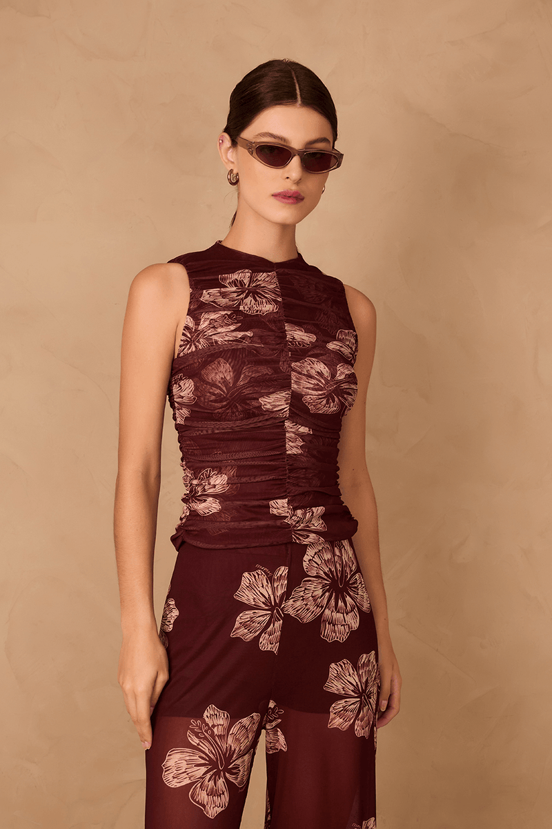 Brown Grumari Sleeveless Draped Tulle Top_1