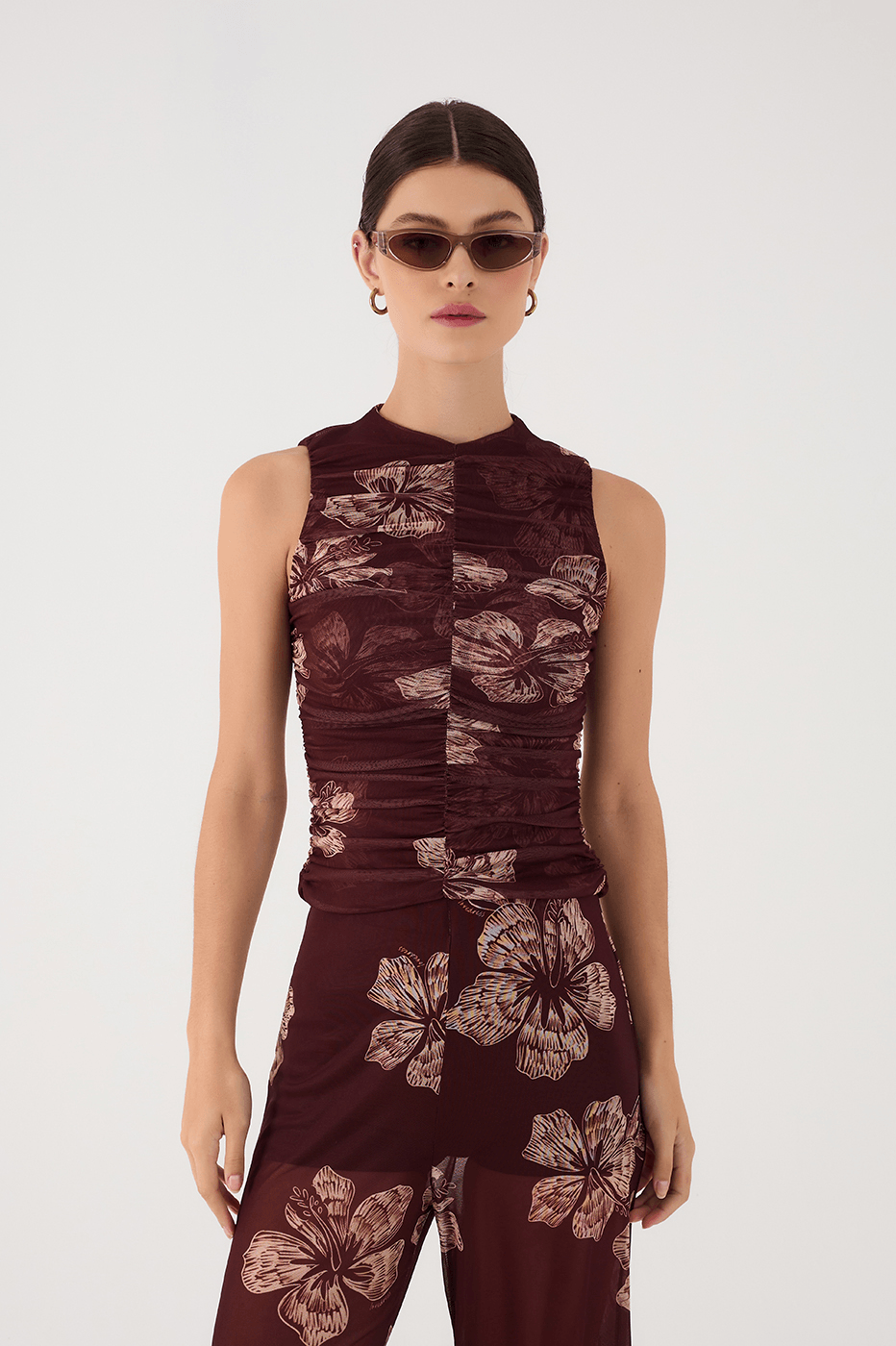 Brown Grumari Sleeveless Draped Tulle Top