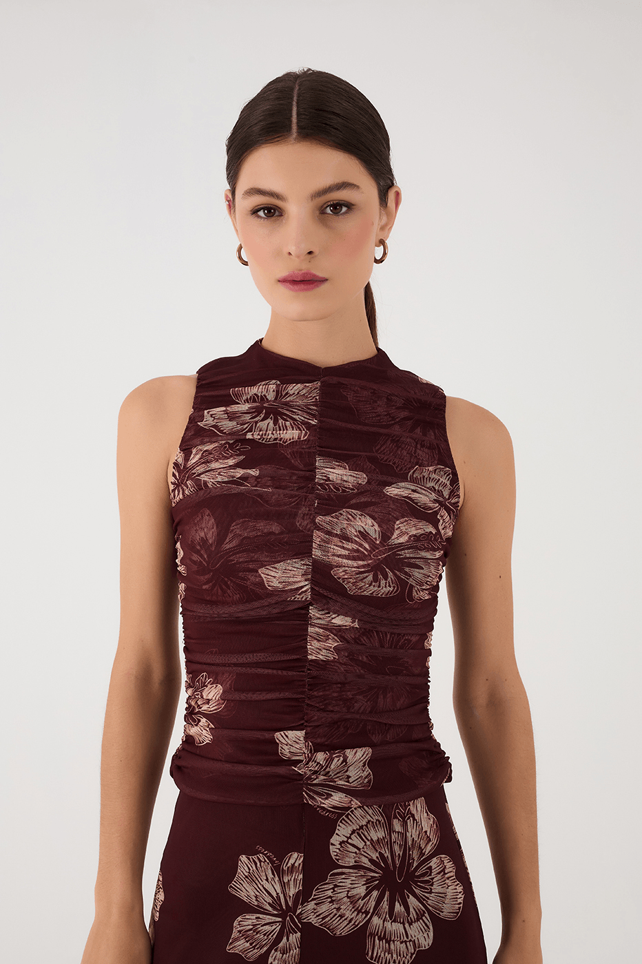Brown Grumari Sleeveless Draped Tulle Top