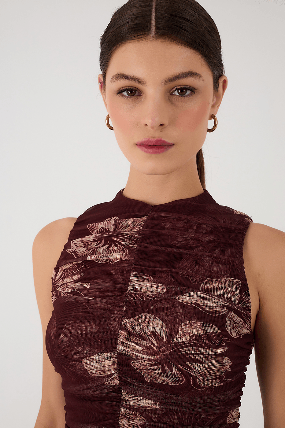 Brown Grumari Sleeveless Draped Tulle Top