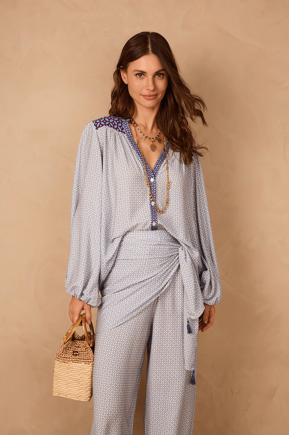 Off-White Ladrilho Buttoned Puff Sleeve Crepe Blouse