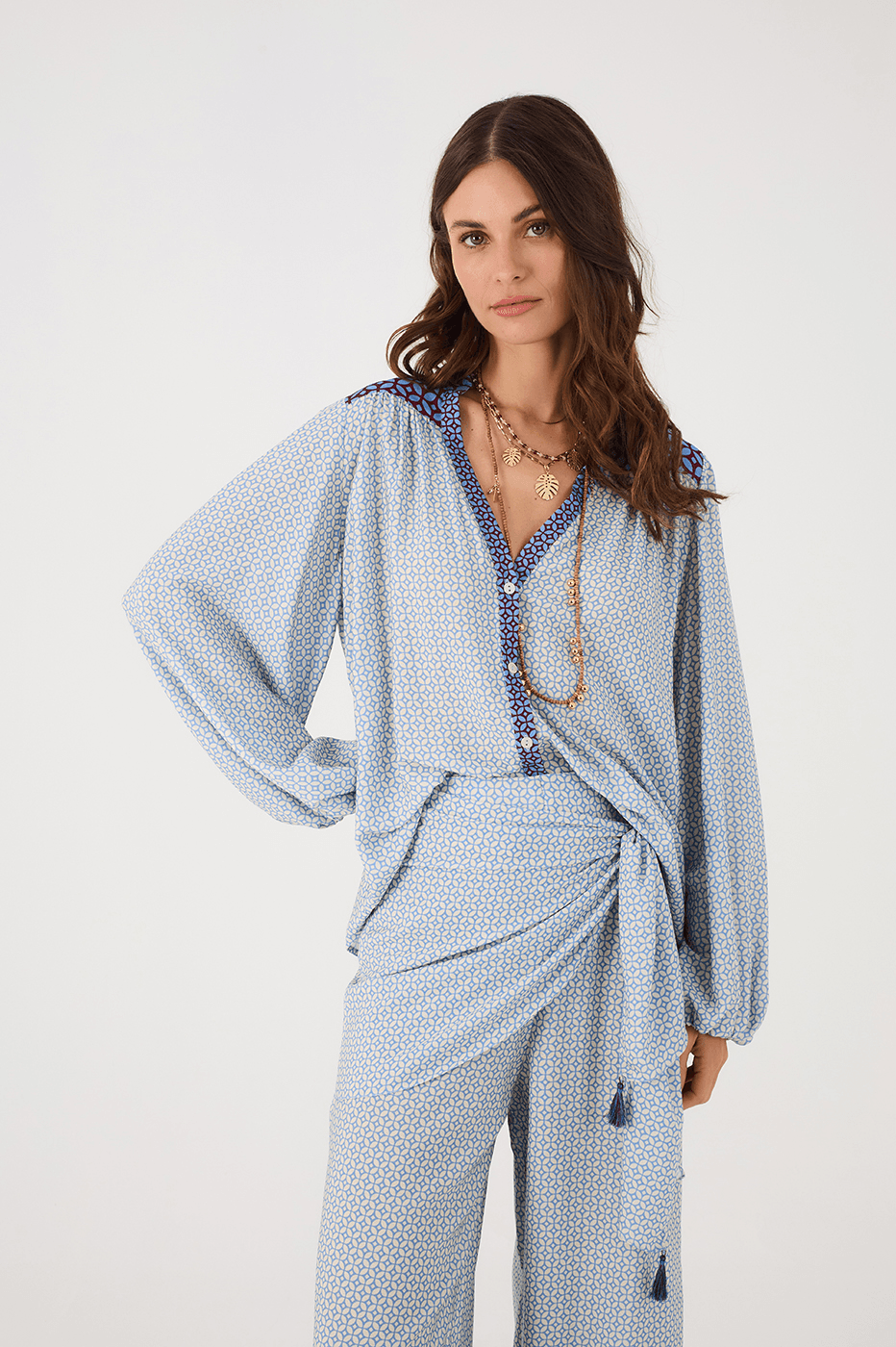 Off-White Ladrilho Buttoned Puff Sleeve Crepe Blouse