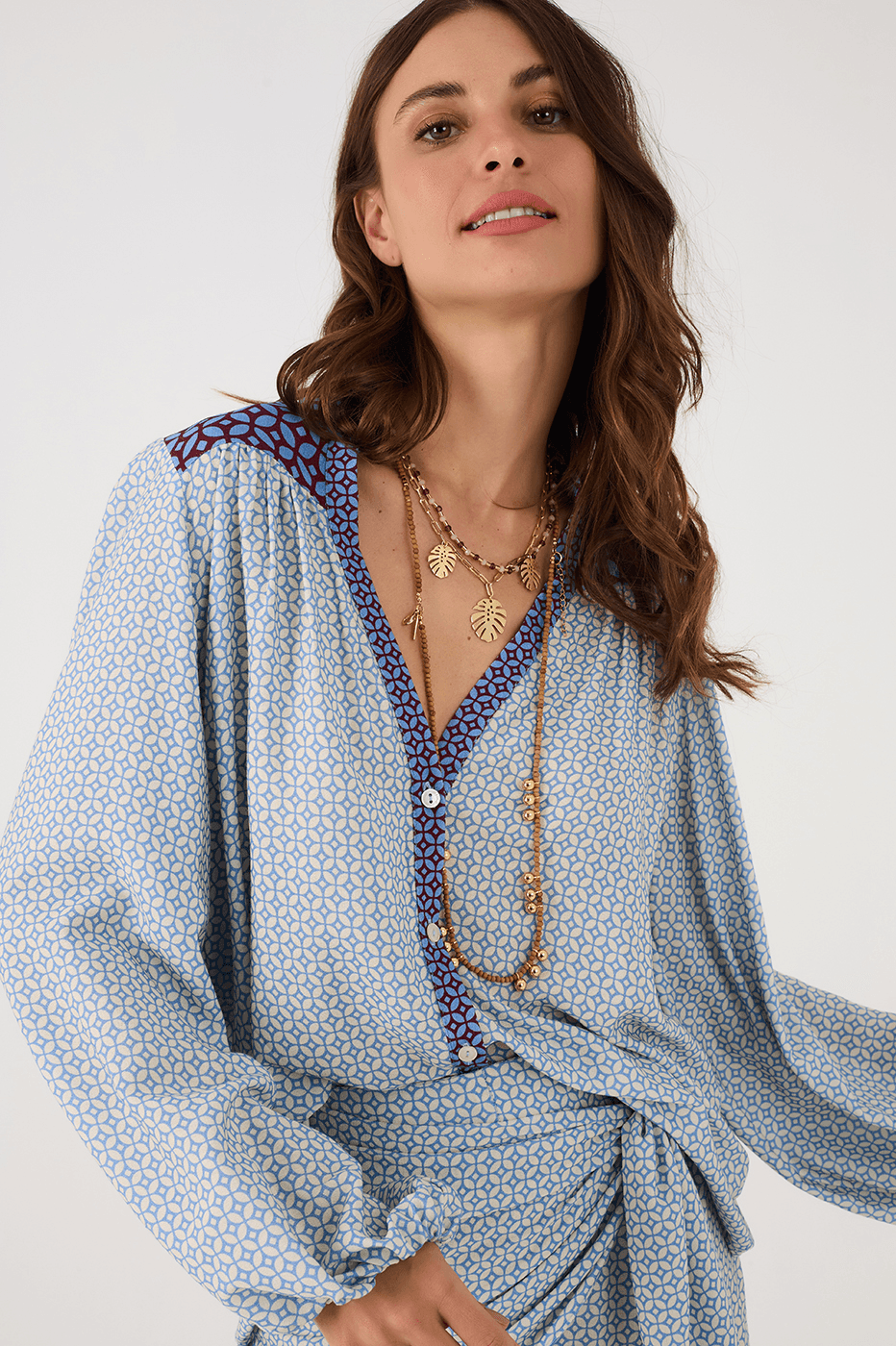 Off-White Ladrilho Buttoned Puff Sleeve Crepe Blouse