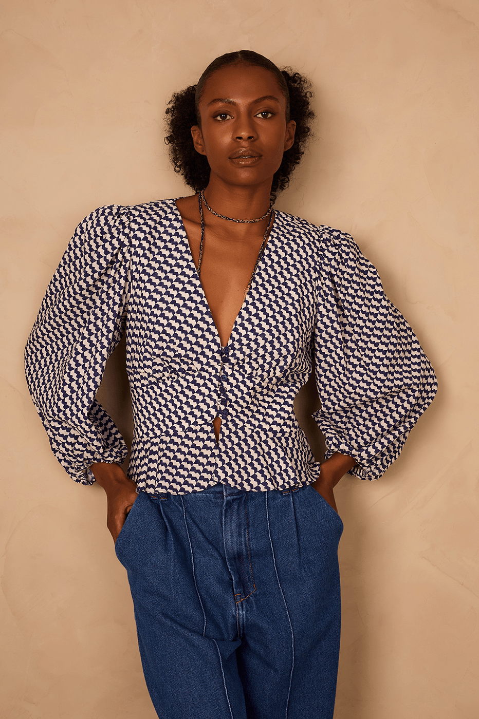 Blue Gavea V Neck Buttoned Puff Sleeve Blouse