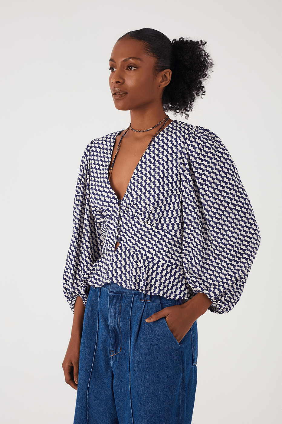 Blue Gavea V Neck Buttoned Puff Sleeve Blouse