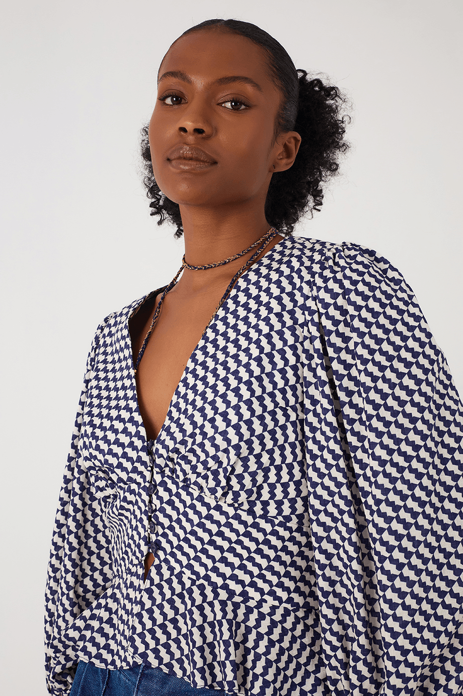 Blue Gavea V Neck Buttoned Puff Sleeve Blouse