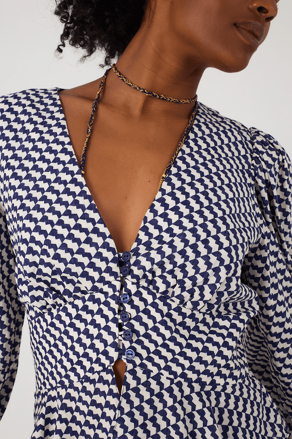 Blue Gavea V Neck Buttoned Puff Sleeve Blouse