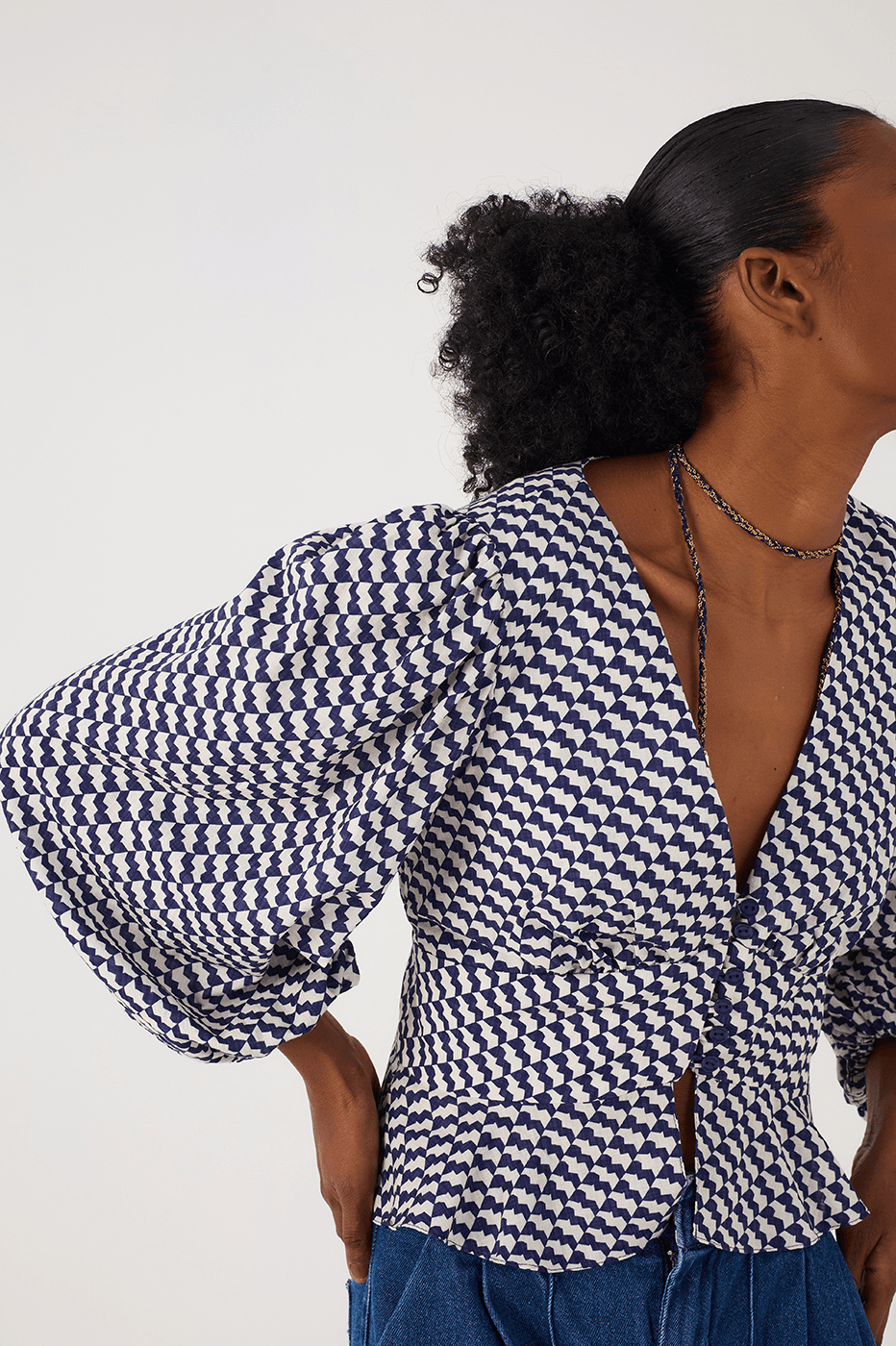 Blue Gavea V Neck Buttoned Puff Sleeve Blouse
