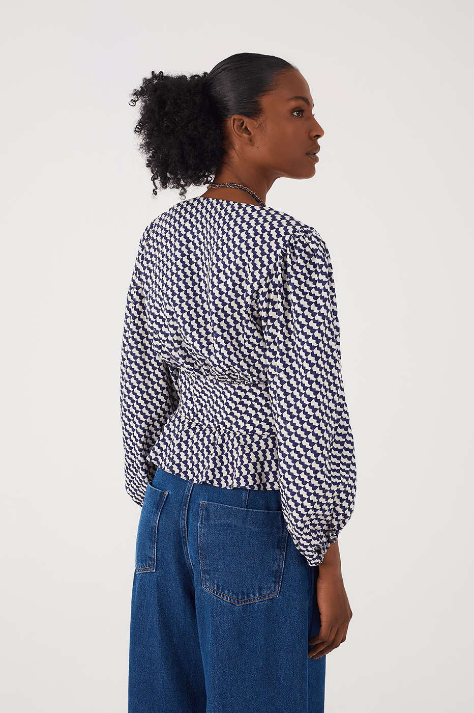 Blue Gavea V Neck Buttoned Puff Sleeve Blouse