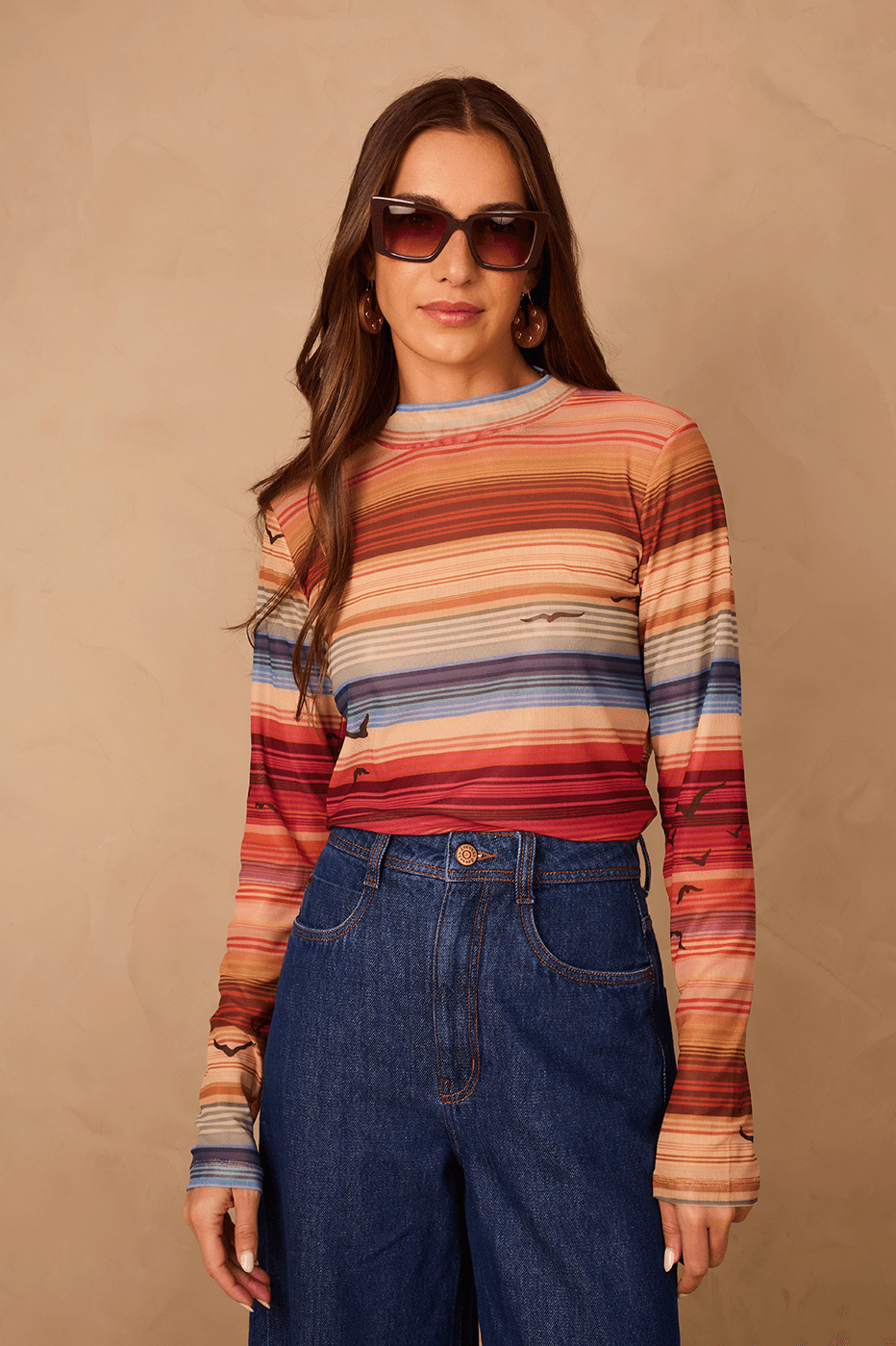 Multicolor Arpoador Boat Neck Long Sleeve Tulle Blouse