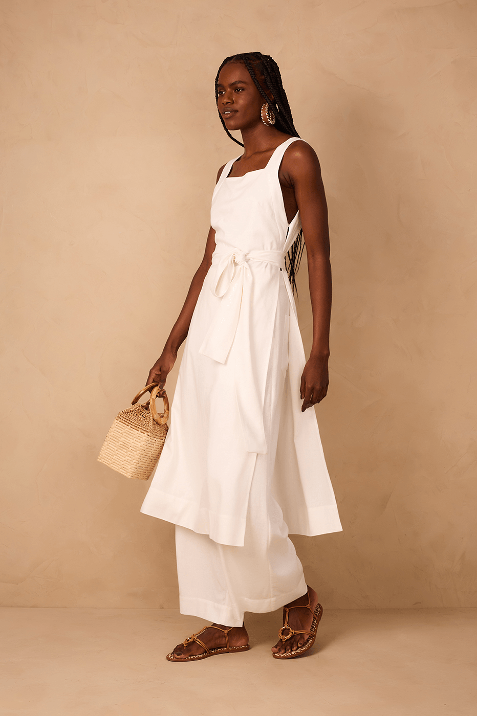 Off-White Square Neck Side Slits Belted Linen Midi Tunic