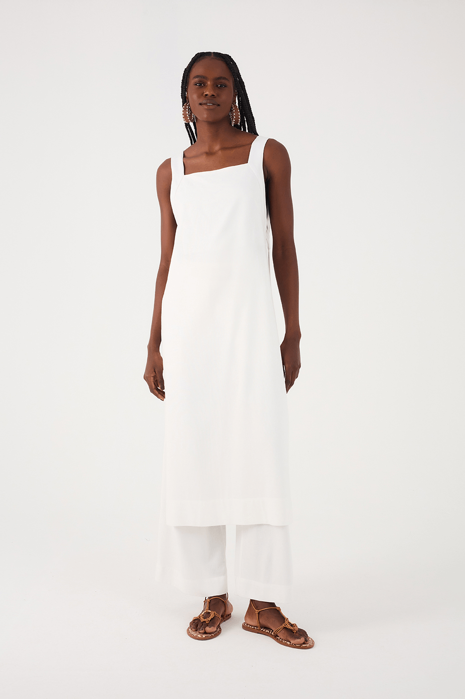 Off-White Square Neck Side Slits Belted Linen Midi Tunic