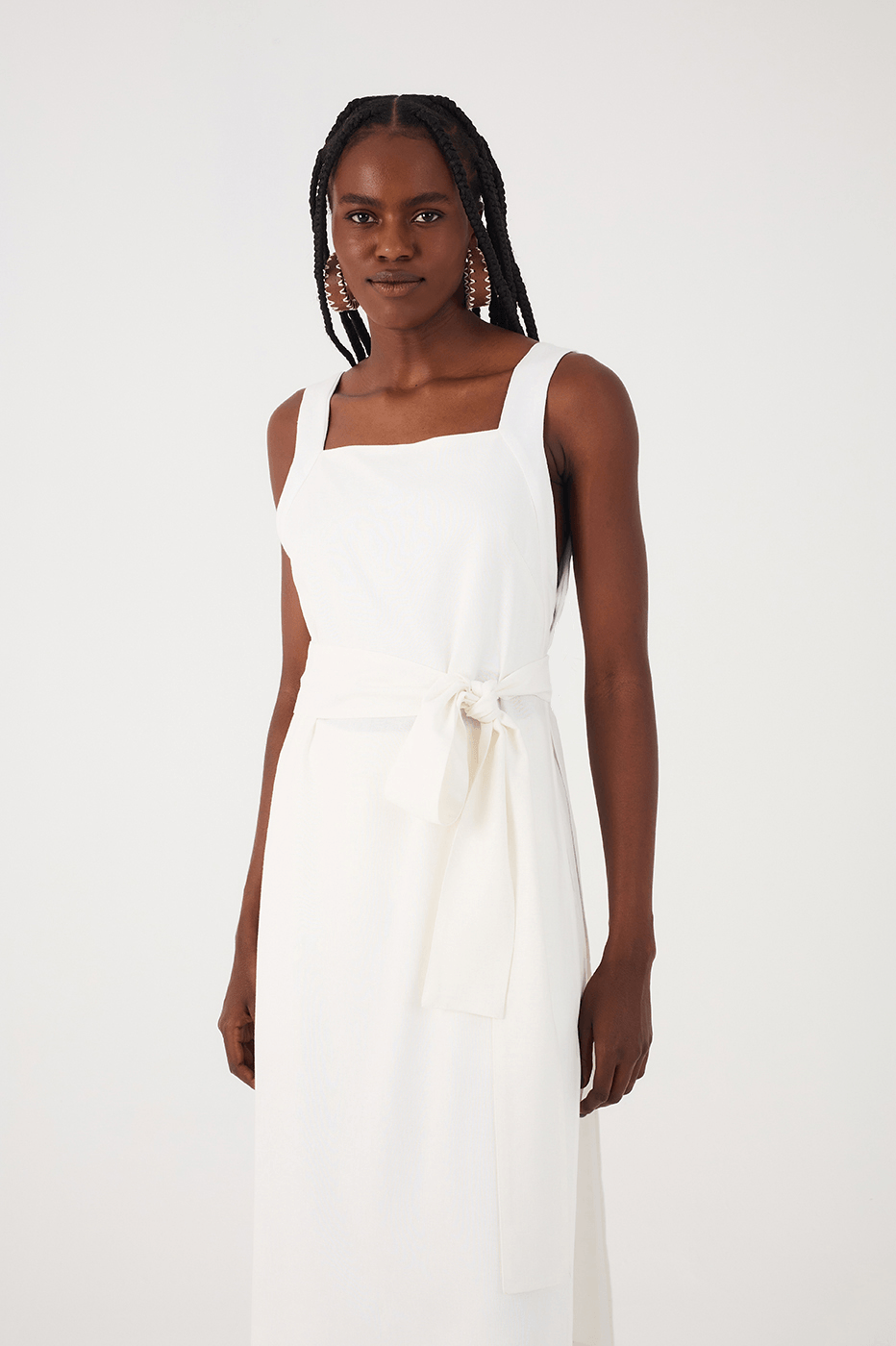 Off-White Square Neck Side Slits Belted Linen Midi Tunic