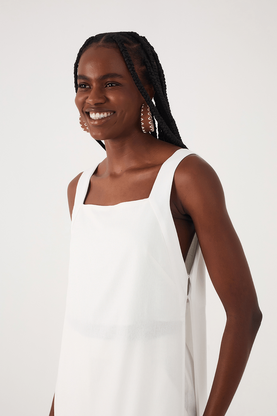 Off-White Square Neck Side Slits Belted Linen Midi Tunic