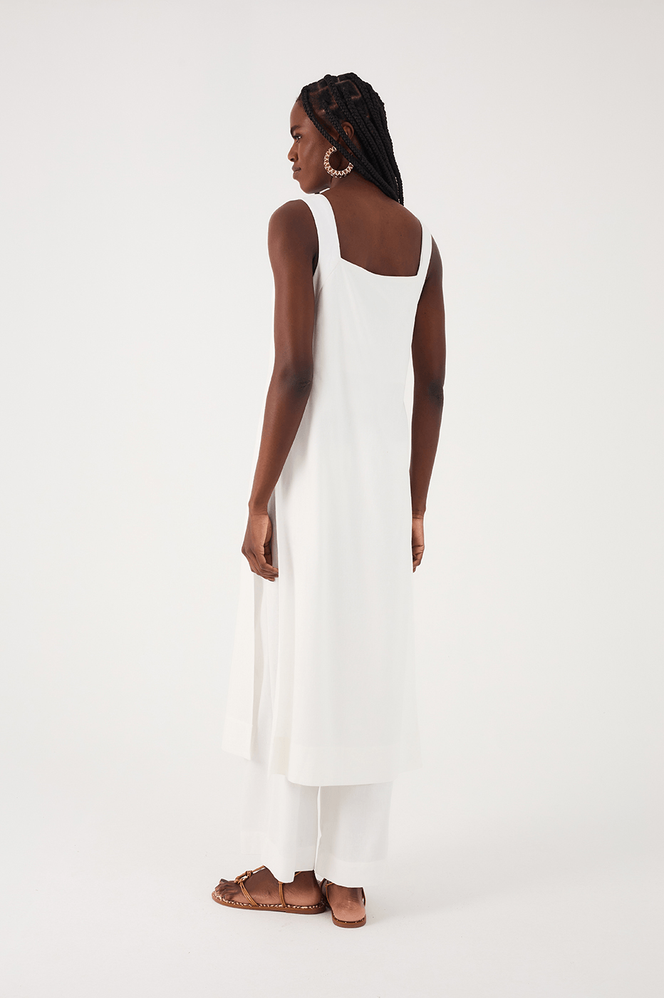 Off-White Square Neck Side Slits Belted Linen Midi Tunic