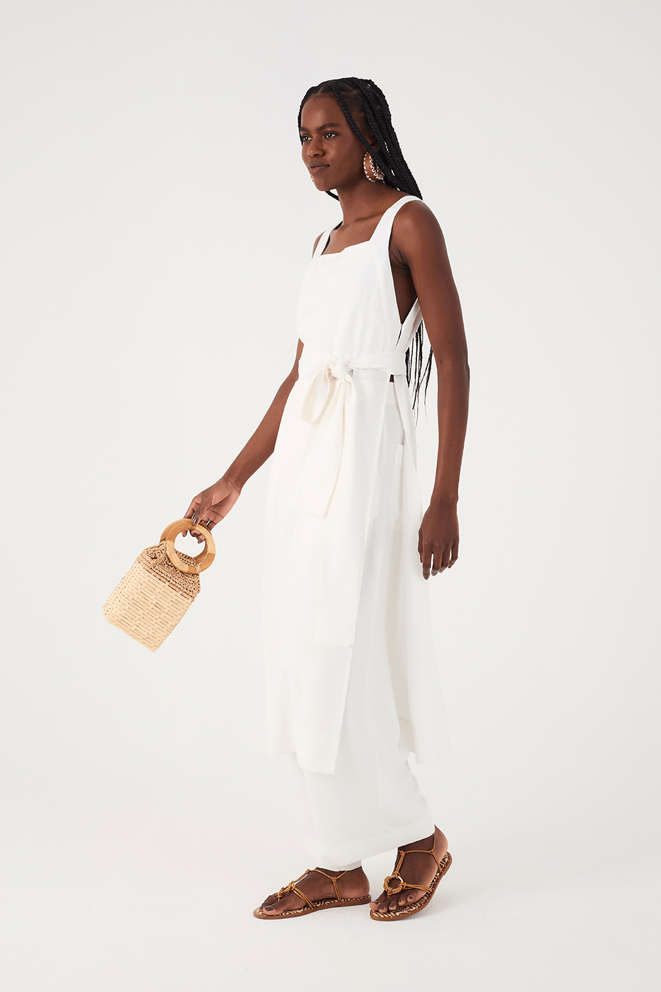 Off-White Square Neck Side Slits Belted Linen Midi Tunic