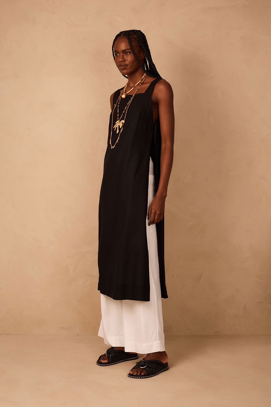 Black Square Neck Side Slits Belted Linen Midi Tunic