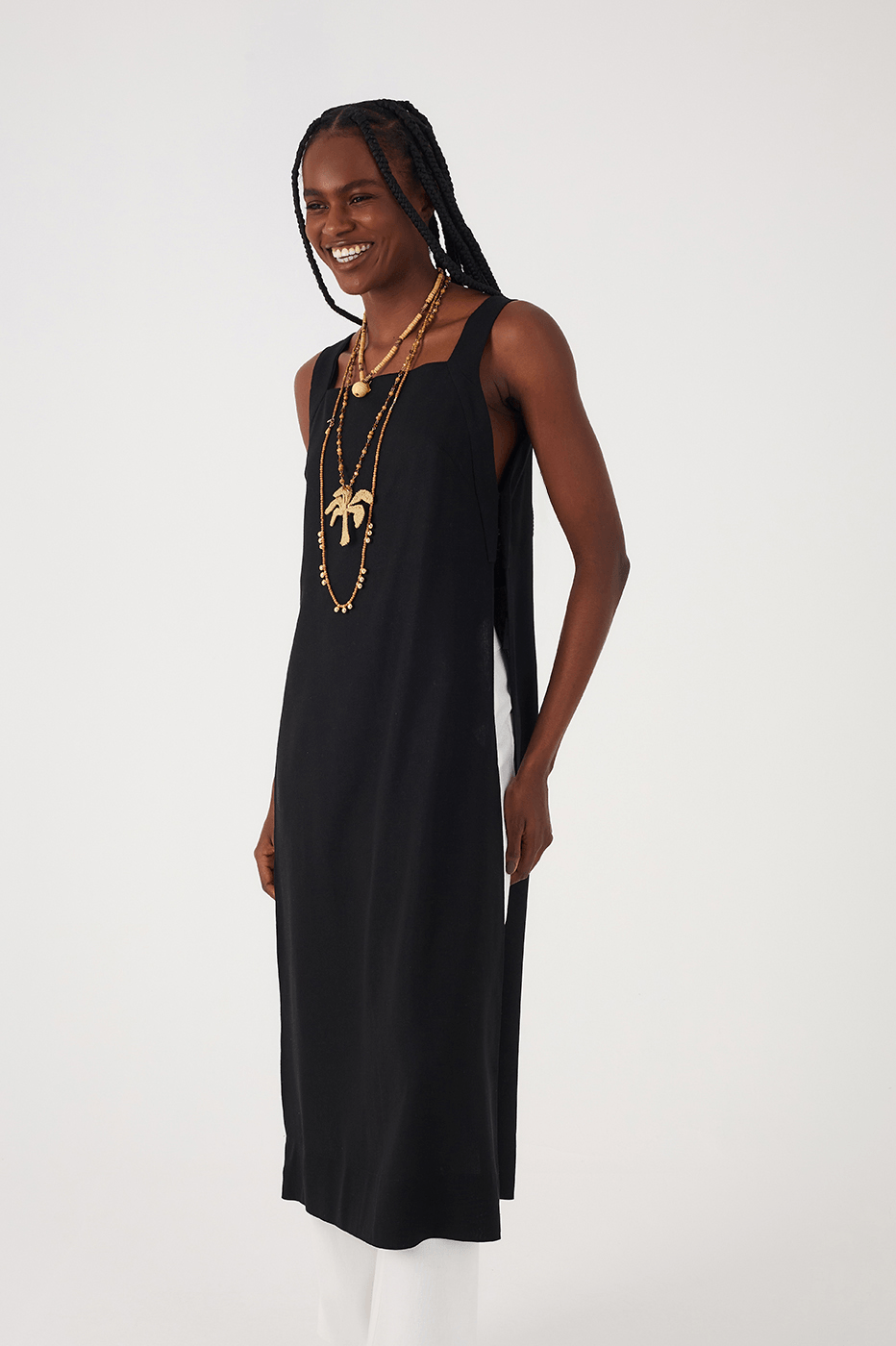 Black Square Neck Side Slits Belted Linen Midi Tunic