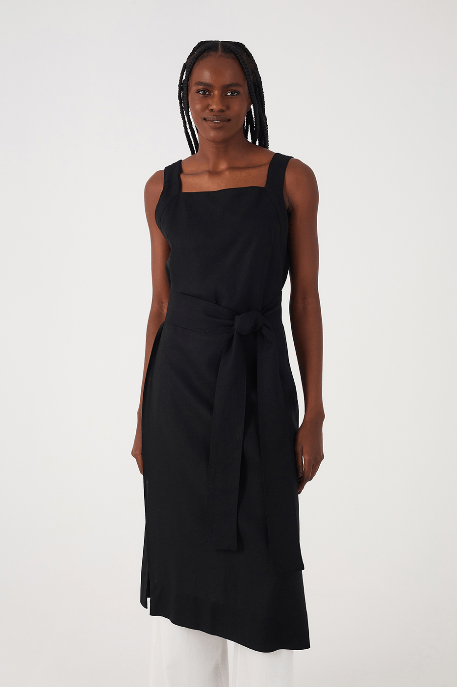 Black Square Neck Side Slits Belted Linen Midi Tunic