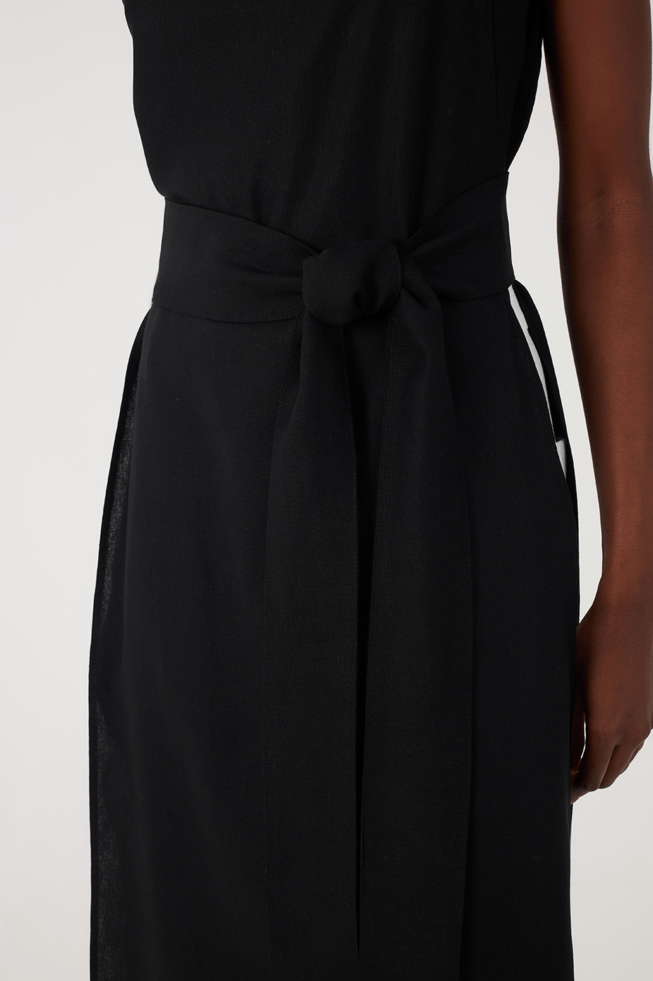 Black Square Neck Side Slits Belted Linen Midi Tunic