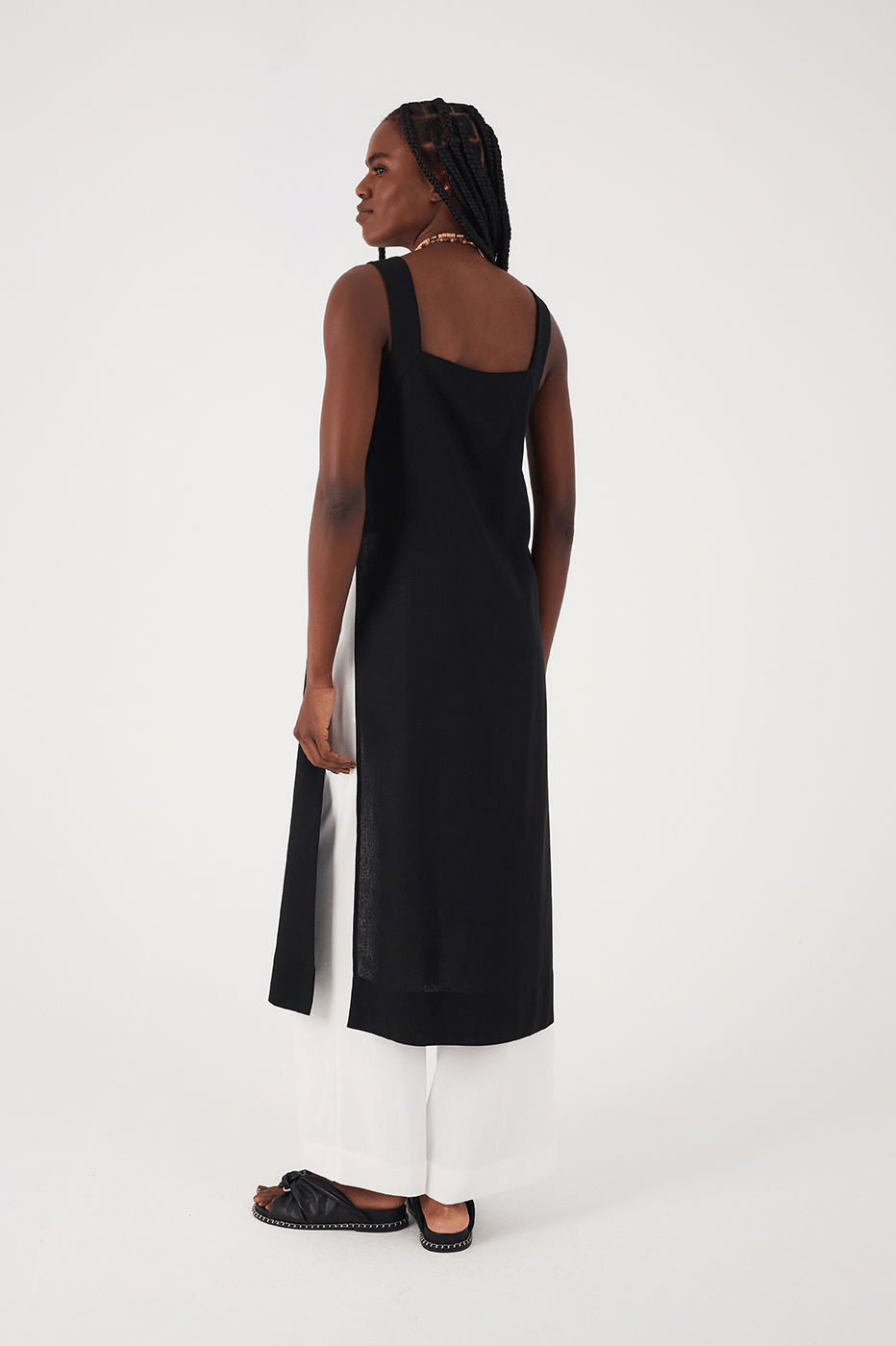 Black Square Neck Side Slits Belted Linen Midi Tunic