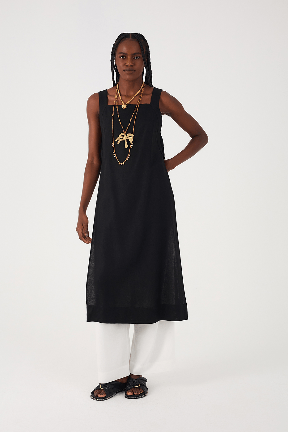 Black Square Neck Side Slits Belted Linen Midi Tunic
