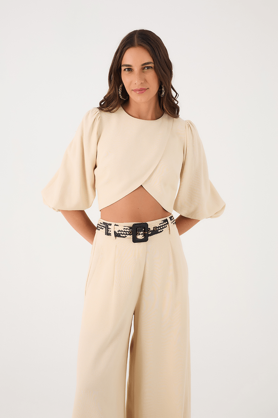 Off-White Puff Sleeve Wrap Crop Blouse