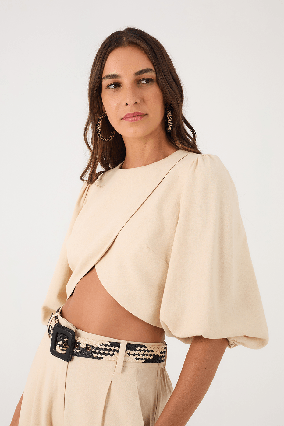 Off-White Puff Sleeve Wrap Crop Blouse