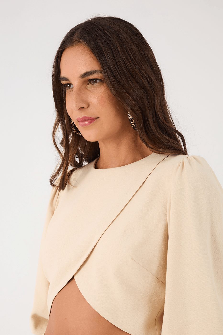 Off-White Puff Sleeve Wrap Crop Blouse