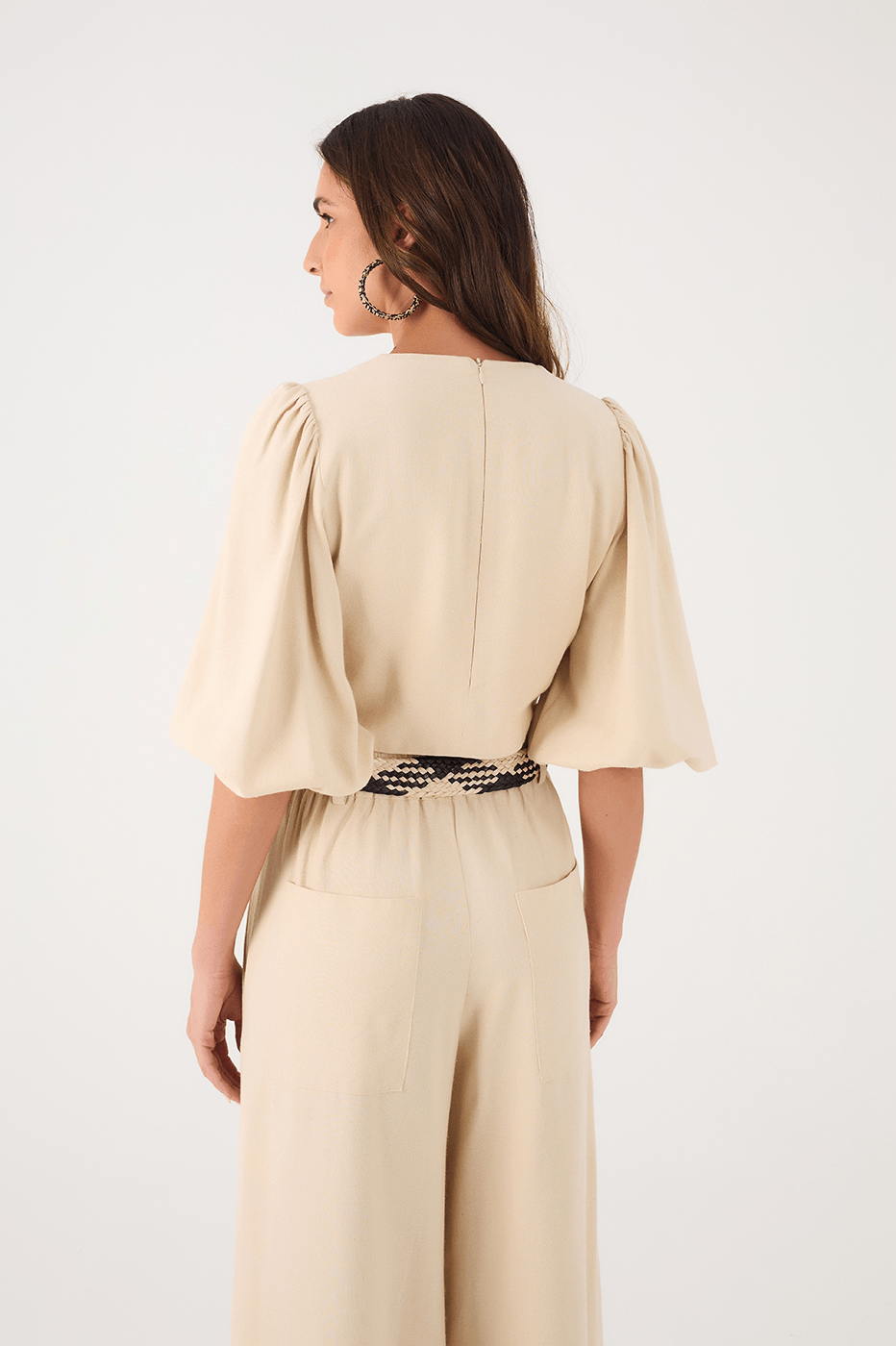 Off-White Puff Sleeve Wrap Crop Blouse