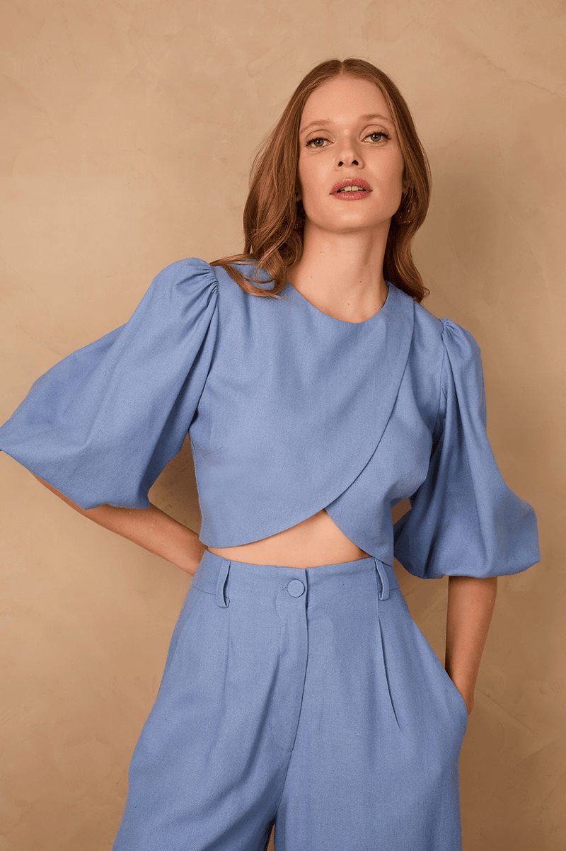 Blue Arpoador Puff Sleeve Wrap Crop Blouse_1