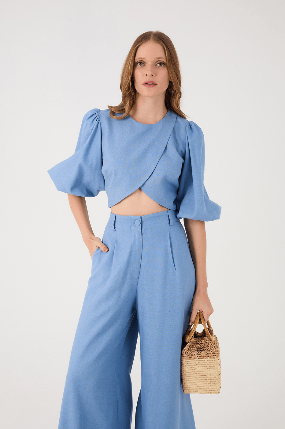 Blue Arpoador Puff Sleeve Wrap Crop Blouse