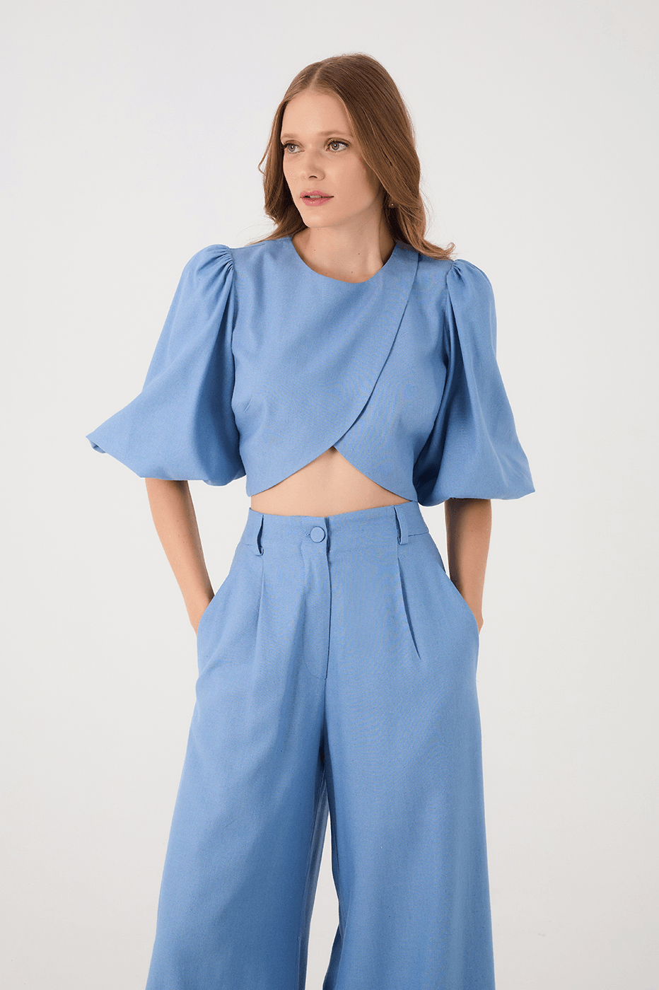 Blue Arpoador Puff Sleeve Wrap Crop Blouse