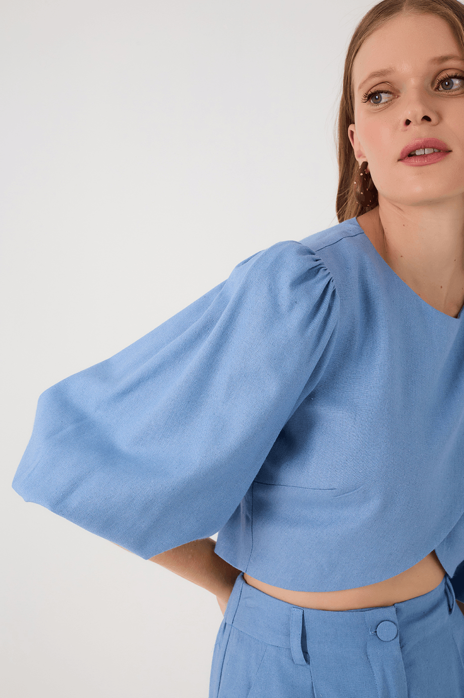 Blue Arpoador Puff Sleeve Wrap Crop Blouse